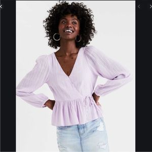 American Eagle Long Sleeve Peplum Wrap Blouse